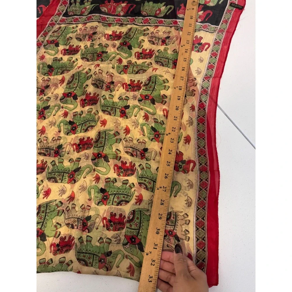 Vintage‎ 100% Pure Silk Elephant Print Scarf Red Green Gold Made in India 66